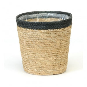 
            
                Load image into Gallery viewer, ROUND STRAW POT BLACK RIM PLASTIC LINED
            
        